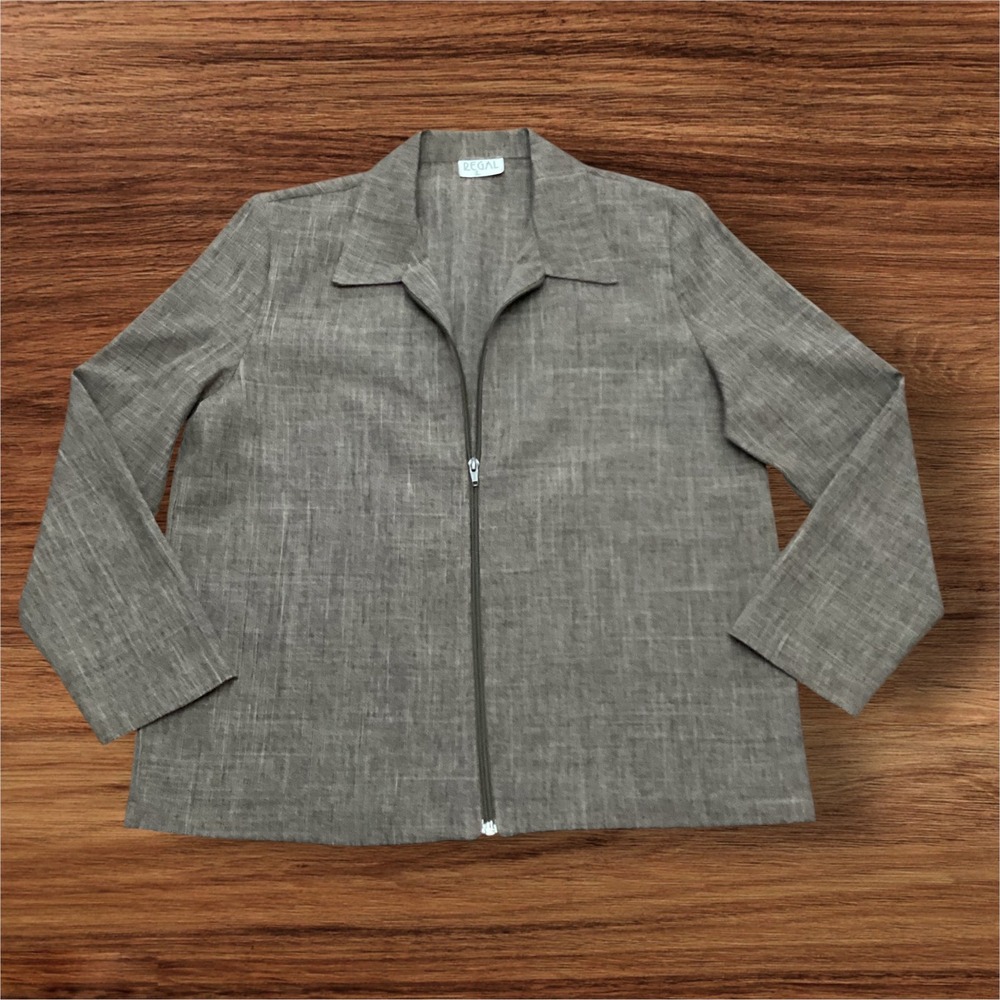 Regal Womens Brown Textured Zip Front Jacket Size L Lightweight Notched Collarn